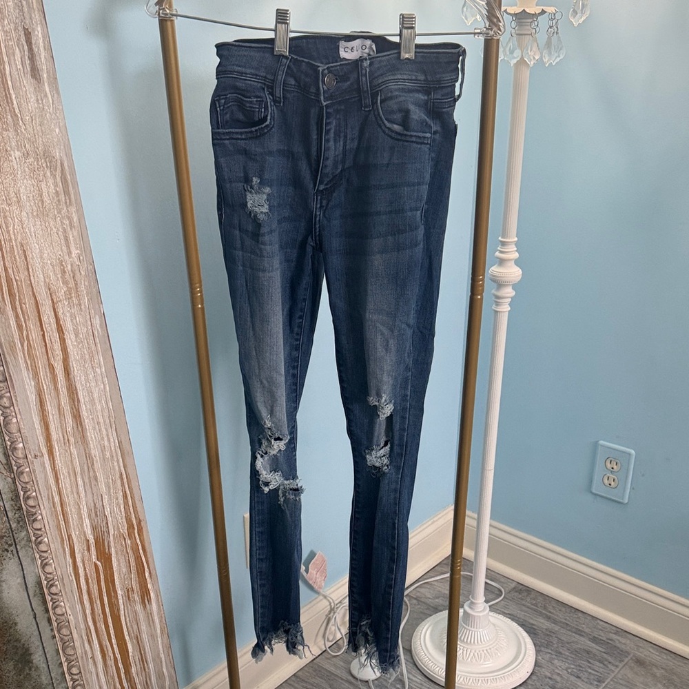 Cello Women's Distressed Dark Blue Skinny Jeans
